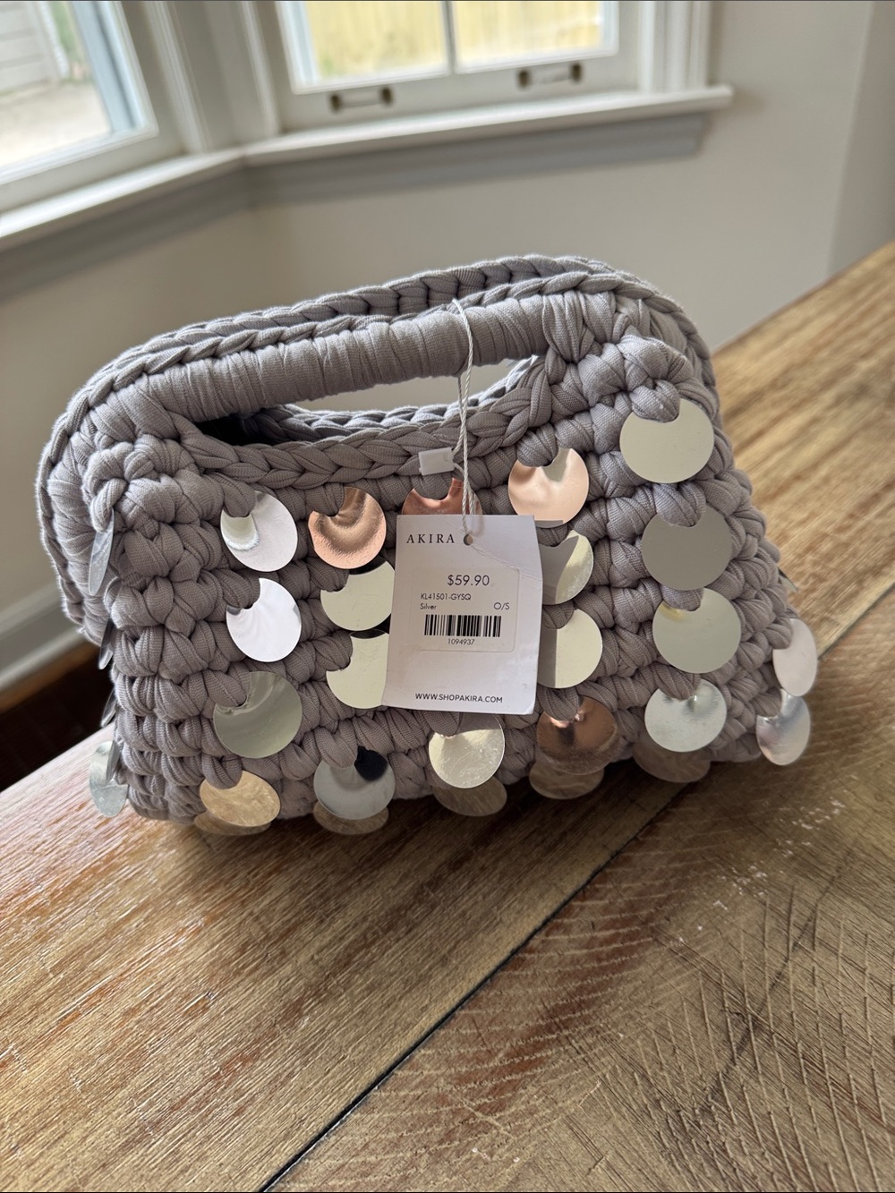 AKIRA Silver Crochet Mini Bag with Metallic Discs